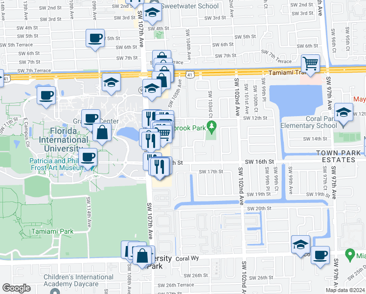 map of restaurants, bars, coffee shops, grocery stores, and more near 1550 Southwest 104th Path in Miami