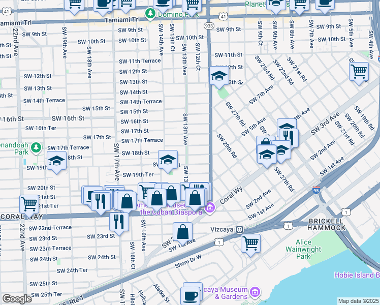 map of restaurants, bars, coffee shops, grocery stores, and more near 1257 Southwest 19th Street in Miami