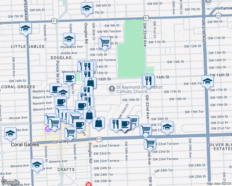 map of restaurants, bars, coffee shops, grocery stores, and more near 3524 Southwest 17th Street in Miami