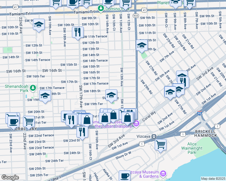 map of restaurants, bars, coffee shops, grocery stores, and more near 1334 Southwest 18th Street in Miami