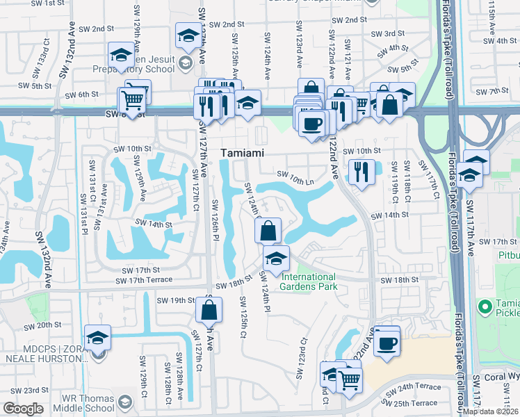 map of restaurants, bars, coffee shops, grocery stores, and more near 1431 Southwest 124th Court in Miami