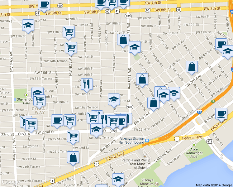map of restaurants, bars, coffee shops, grocery stores, and more near 1257 Southwest 19th Street in Miami
