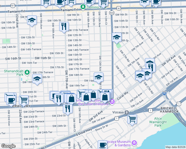 map of restaurants, bars, coffee shops, grocery stores, and more near 1334 Southwest 18th Street in Miami