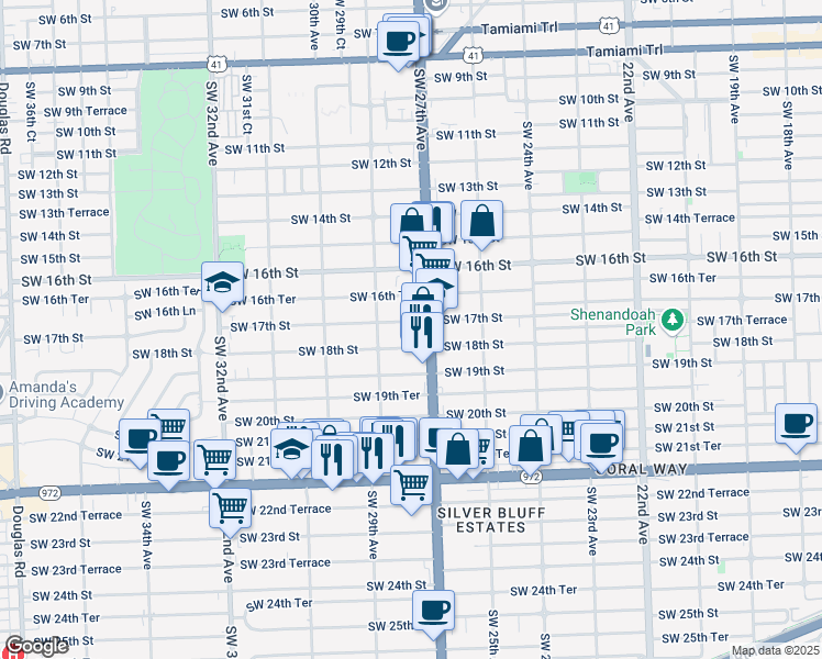 map of restaurants, bars, coffee shops, grocery stores, and more near 2743 Southwest 18th Street in Miami