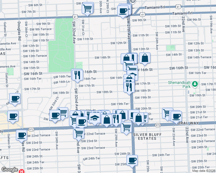 map of restaurants, bars, coffee shops, grocery stores, and more near 3001 Southwest 18th Street in Miami