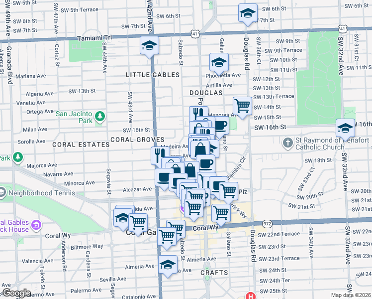 map of restaurants, bars, coffee shops, grocery stores, and more near 238 Majorca Avenue in Coral Gables