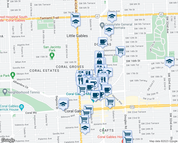 map of restaurants, bars, coffee shops, grocery stores, and more near 238 Majorca Avenue in Coral Gables