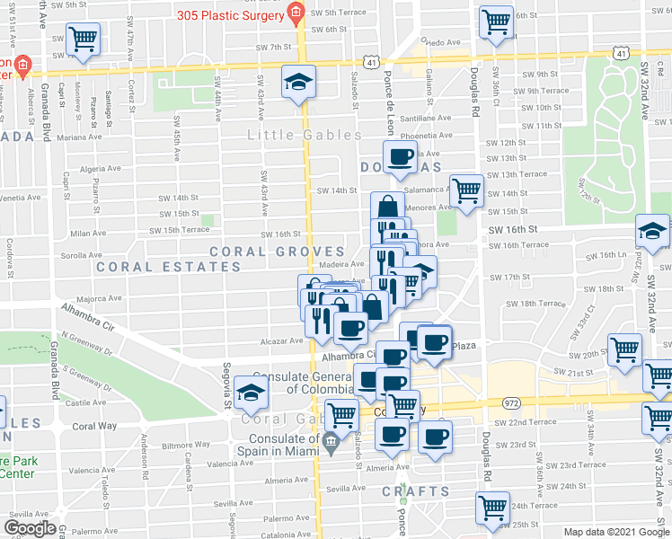map of restaurants, bars, coffee shops, grocery stores, and more near 328 Majorca Avenue in Coral Gables