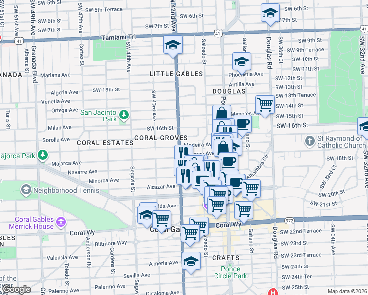 map of restaurants, bars, coffee shops, grocery stores, and more near 328 Majorca Avenue in Coral Gables