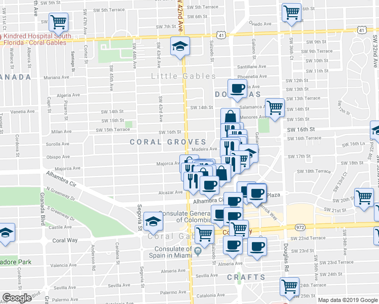 map of restaurants, bars, coffee shops, grocery stores, and more near 328 Majorca Avenue in Coral Gables