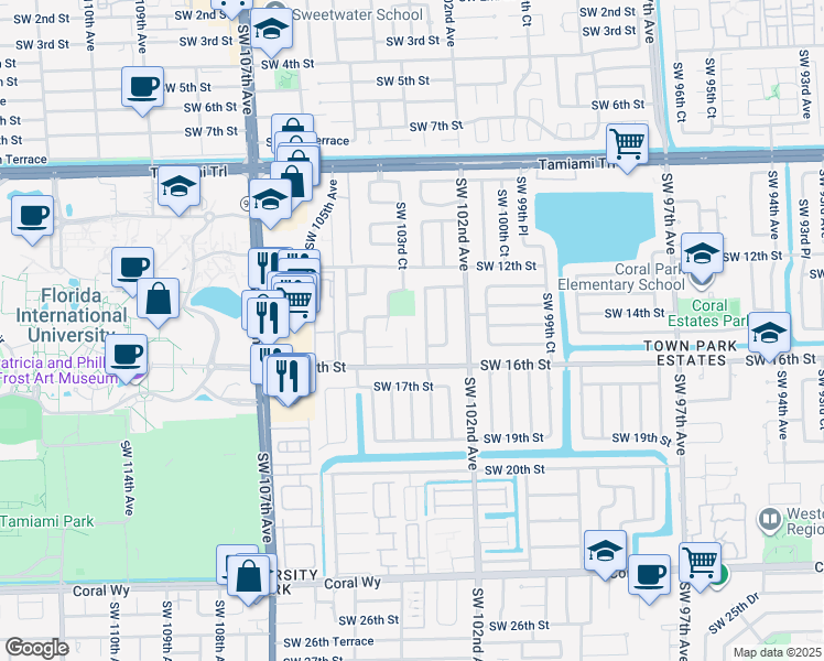 map of restaurants, bars, coffee shops, grocery stores, and more near 1518 Southwest 103rd Avenue in Miami
