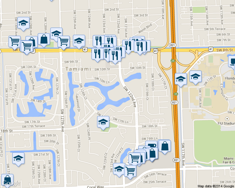 map of restaurants, bars, coffee shops, grocery stores, and more near 1350 Southwest 122nd Avenue in Miami