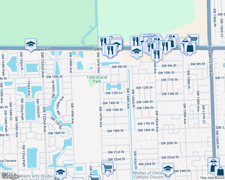 map of restaurants, bars, coffee shops, grocery stores, and more near 14602 Southwest 12th Lane in Miami