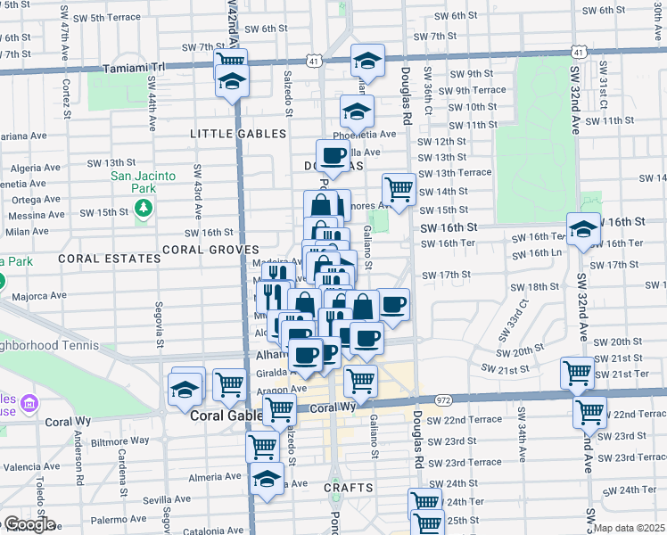 map of restaurants, bars, coffee shops, grocery stores, and more near 200 Majorca Avenue in Coral Gables