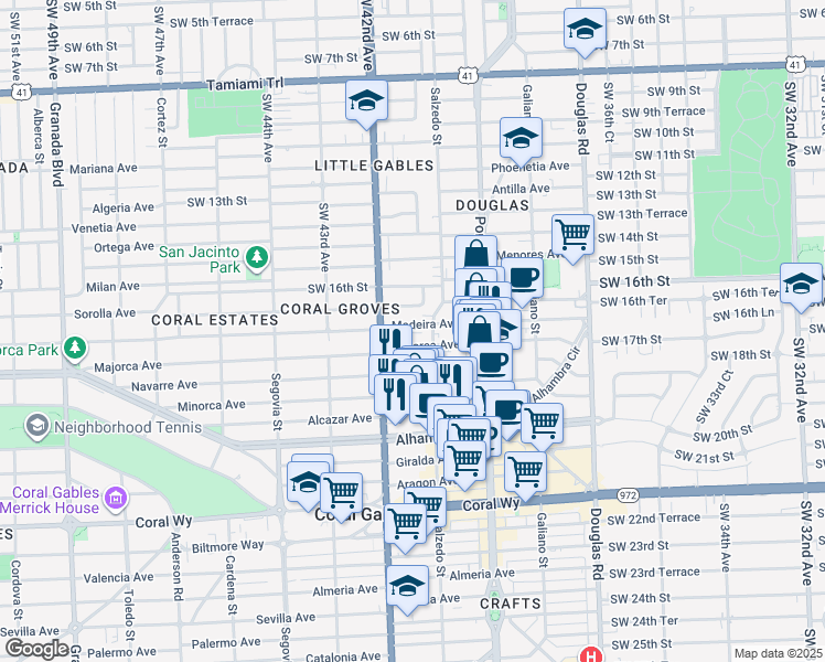 map of restaurants, bars, coffee shops, grocery stores, and more near 322 Madeira Avenue in Coral Gables