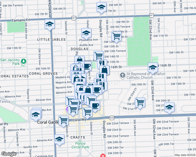 map of restaurants, bars, coffee shops, grocery stores, and more near 28 Majorca Avenue in Coral Gables