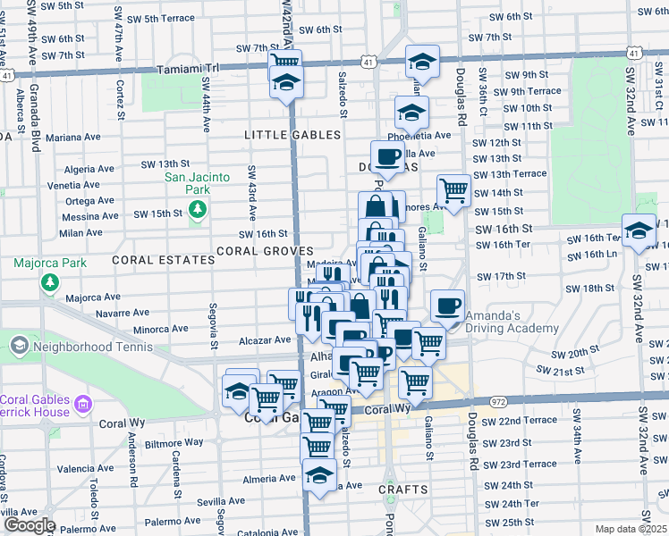 map of restaurants, bars, coffee shops, grocery stores, and more near 300 Madeira Avenue in Coral Gables