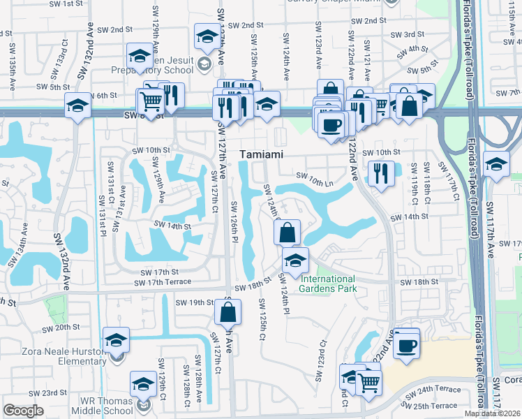 map of restaurants, bars, coffee shops, grocery stores, and more near 1175 Southwest 124th Place in Miami