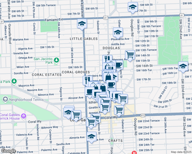map of restaurants, bars, coffee shops, grocery stores, and more near 238 Majorca Avenue in Coral Gables