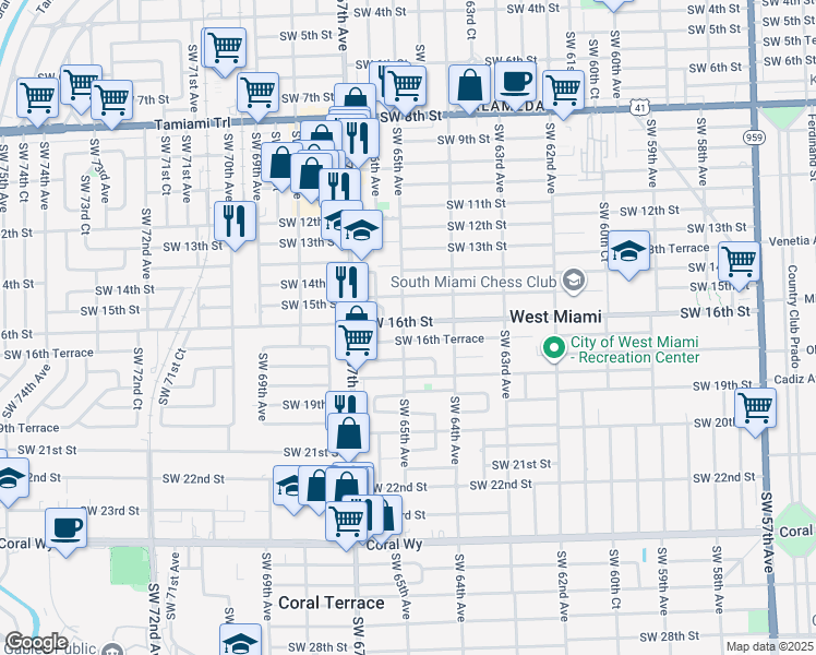 map of restaurants, bars, coffee shops, grocery stores, and more near 6460 Southwest 16th Terrace in Miami