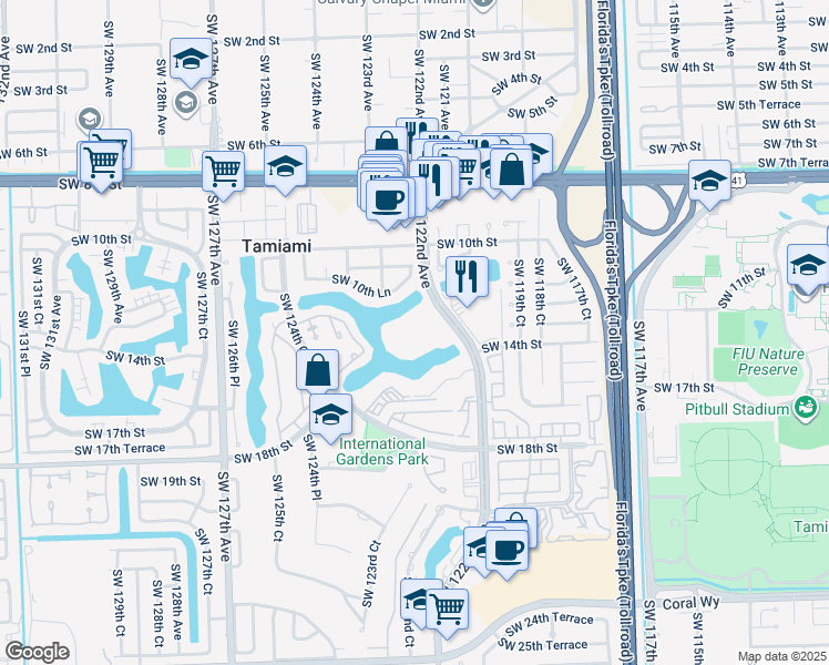 map of restaurants, bars, coffee shops, grocery stores, and more near 1350 Southwest 122nd Avenue in Miami
