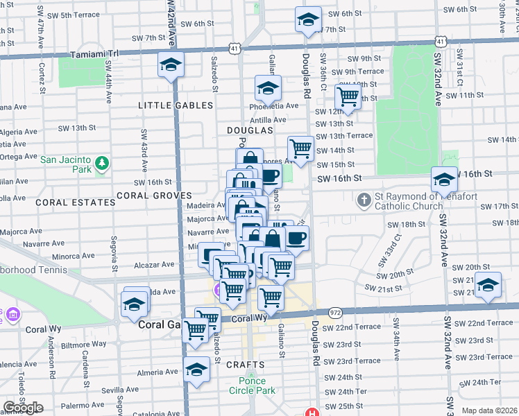 map of restaurants, bars, coffee shops, grocery stores, and more near 1805 Ponce de Leon Boulevard in Coral Gables