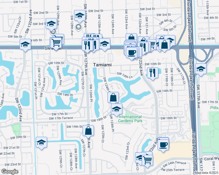 map of restaurants, bars, coffee shops, grocery stores, and more near 1431 Southwest 124th Court in Miami