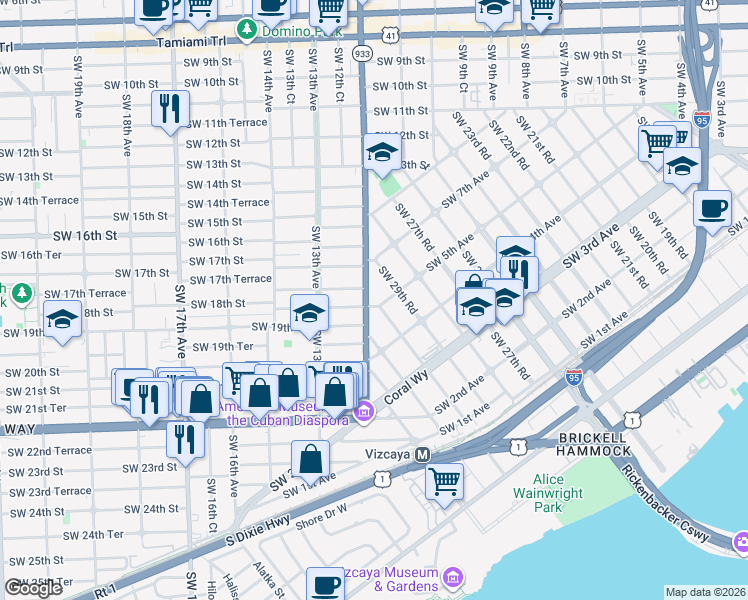 map of restaurants, bars, coffee shops, grocery stores, and more near 1825 Southwest 12th Avenue in Miami