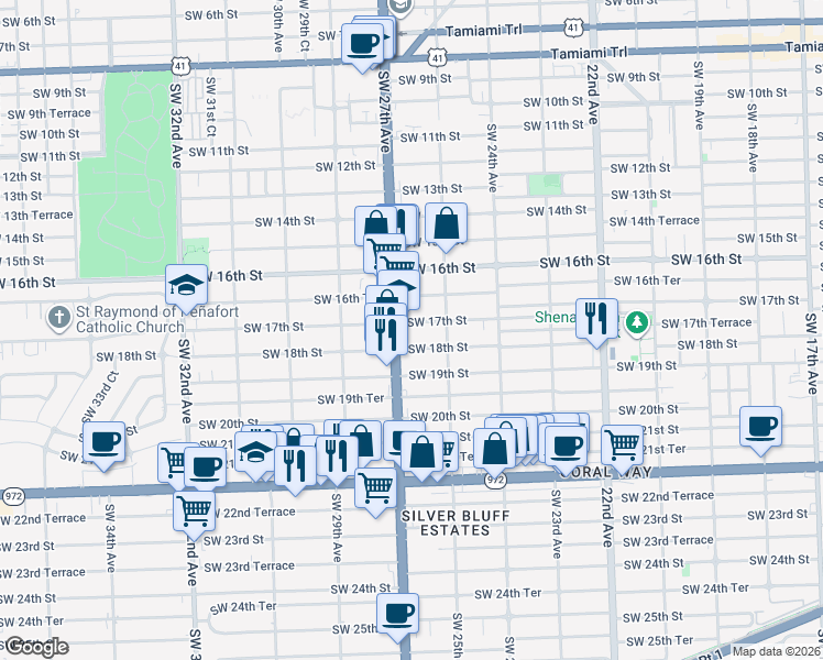 map of restaurants, bars, coffee shops, grocery stores, and more near 2626 Southwest 18th Street in Miami