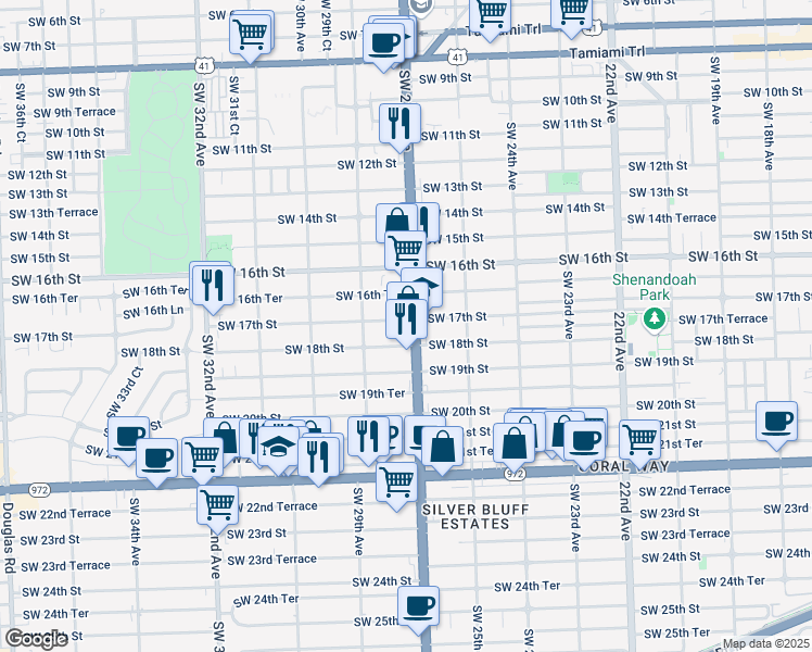 map of restaurants, bars, coffee shops, grocery stores, and more near 2743 Southwest 18th Street in Miami