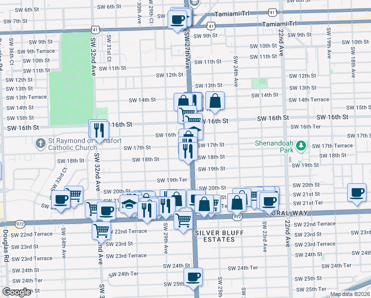 map of restaurants, bars, coffee shops, grocery stores, and more near 2743 Southwest 18th Street in Miami
