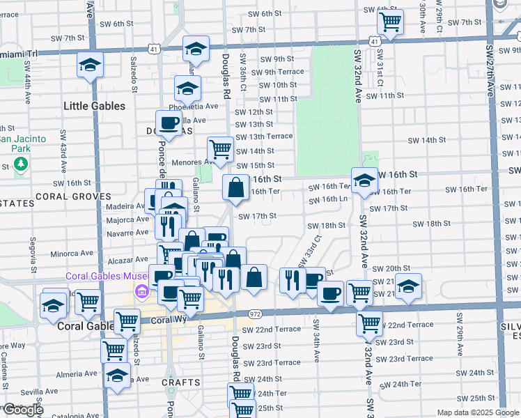 map of restaurants, bars, coffee shops, grocery stores, and more near 1720 Southwest 36th Avenue in Miami