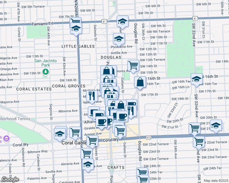 map of restaurants, bars, coffee shops, grocery stores, and more near 135 Majorca Avenue in Coral Gables