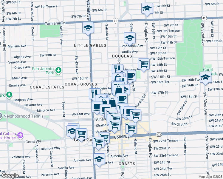 map of restaurants, bars, coffee shops, grocery stores, and more near 238 Majorca Avenue in Coral Gables