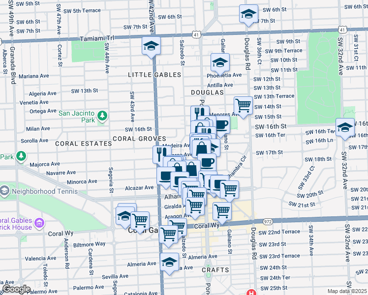 map of restaurants, bars, coffee shops, grocery stores, and more near 238 Majorca Avenue in Coral Gables