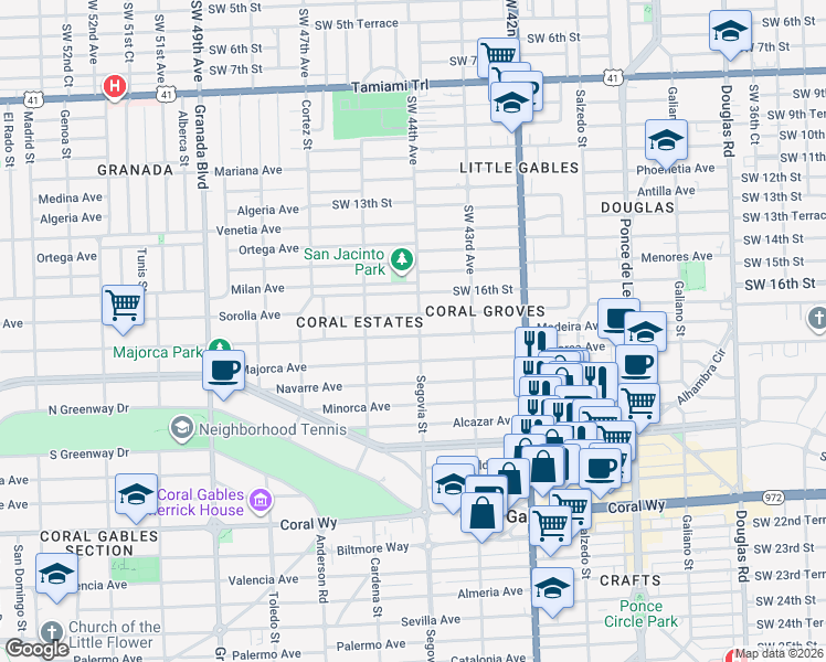 map of restaurants, bars, coffee shops, grocery stores, and more near 621 Majorca Avenue in Coral Gables