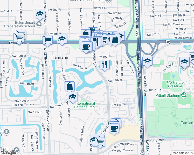 map of restaurants, bars, coffee shops, grocery stores, and more near 1350 Southwest 122nd Avenue in Miami