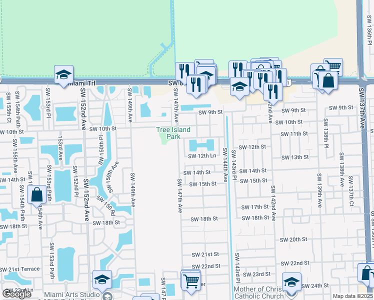 map of restaurants, bars, coffee shops, grocery stores, and more near 14602 Southwest 12th Lane in Miami
