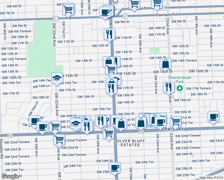 map of restaurants, bars, coffee shops, grocery stores, and more near 1710 Southwest 27th Avenue in Miami
