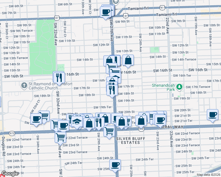 map of restaurants, bars, coffee shops, grocery stores, and more near 2743 Southwest 18th Street in Miami