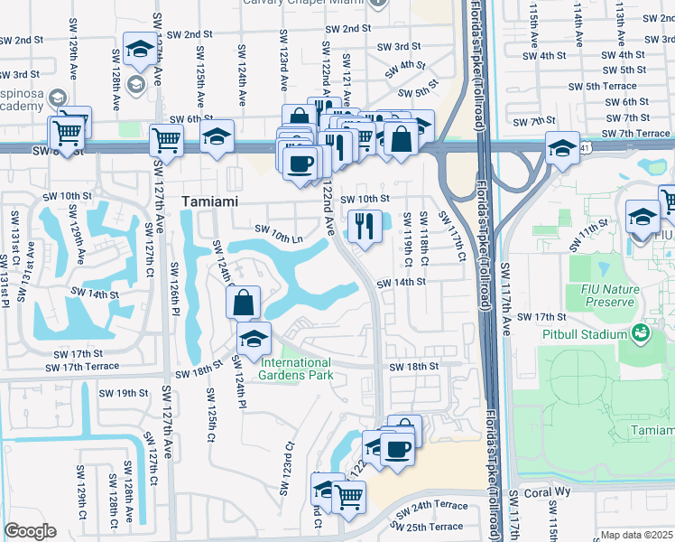 map of restaurants, bars, coffee shops, grocery stores, and more near 1350 Southwest 122nd Avenue in Miami
