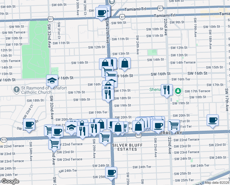 map of restaurants, bars, coffee shops, grocery stores, and more near 2626 Southwest 18th Street in Miami
