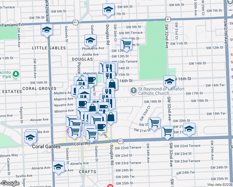 map of restaurants, bars, coffee shops, grocery stores, and more near 1717 Southwest 37th Avenue in Miami