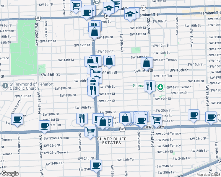 map of restaurants, bars, coffee shops, grocery stores, and more near 1678 Southwest 25th Avenue in Miami