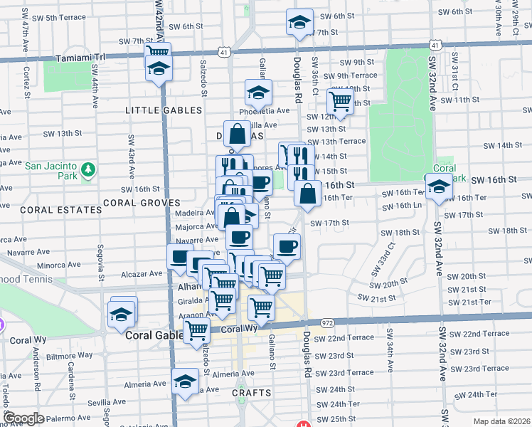 map of restaurants, bars, coffee shops, grocery stores, and more near 110 Zamora Avenue in Coral Gables