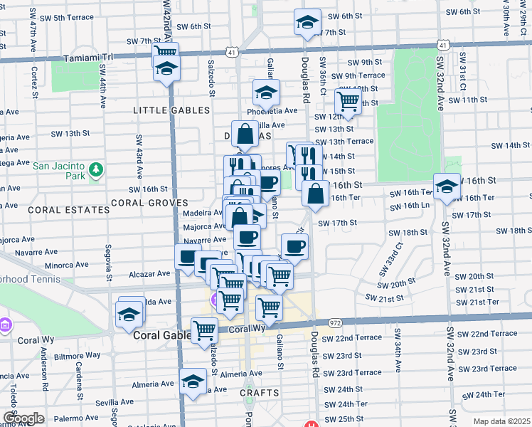 map of restaurants, bars, coffee shops, grocery stores, and more near 110 Zamora Avenue in Coral Gables