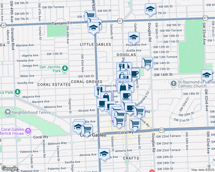map of restaurants, bars, coffee shops, grocery stores, and more near 4017 Southwest 16th Terrace in Miami