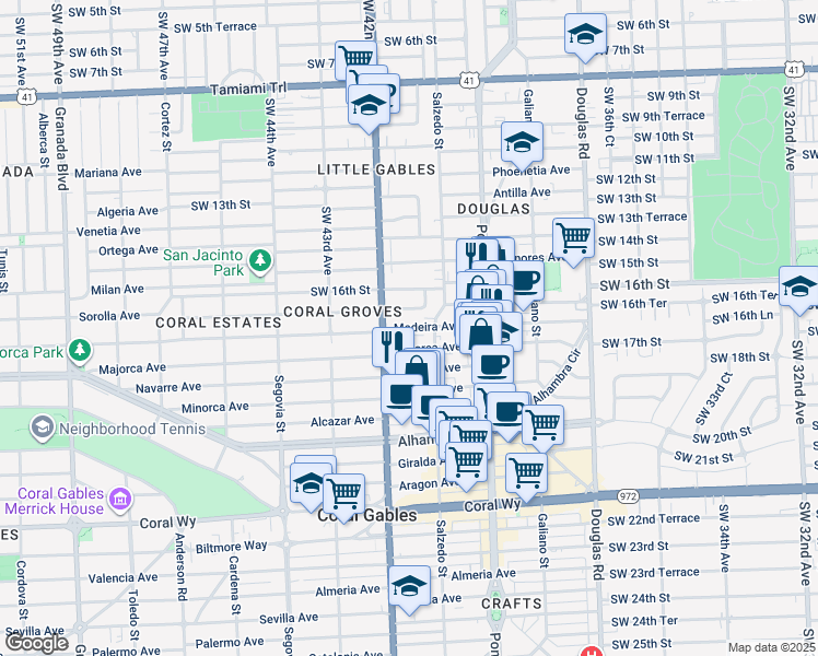 map of restaurants, bars, coffee shops, grocery stores, and more near 4017 Southwest 16th Terrace in Miami