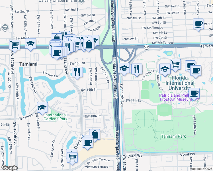 map of restaurants, bars, coffee shops, grocery stores, and more near 1202 Southwest 117th Court in Miami