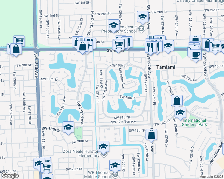 map of restaurants, bars, coffee shops, grocery stores, and more near 1145 Southwest 130th Avenue in Miami